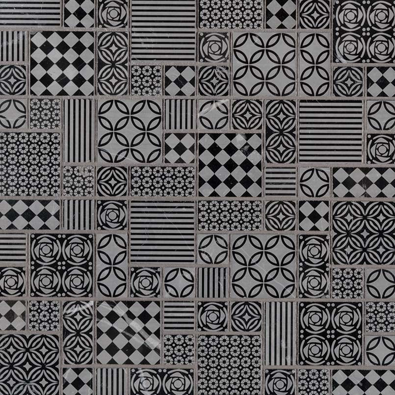 12x12 Tetris Square & Rectangle Patchwork Mosaic Natural-Look Honed Smooth Marble Tile Black Gray