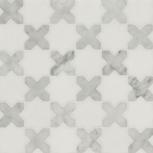 12x12 Vera Anne Cross Grid Mosaic Natural-Look Polished Smooth Marble Tile Beige Gray