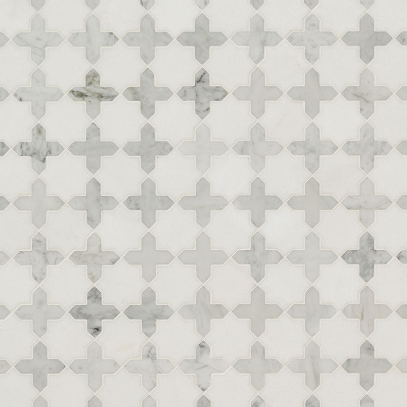 12x12 Vera Anne Cross Grid Mosaic Natural-Look Polished Smooth Marble Tile Beige Gray