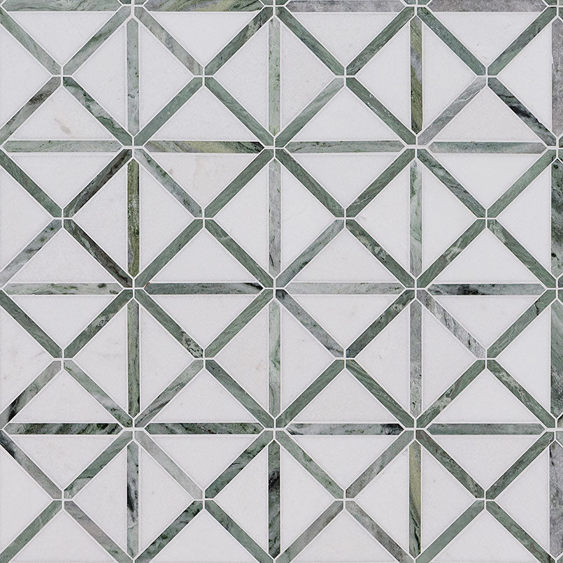 12x12 Verdant Triangle Linear Mosaic Natural-Look Polished Smooth Marble Tile Green Gray