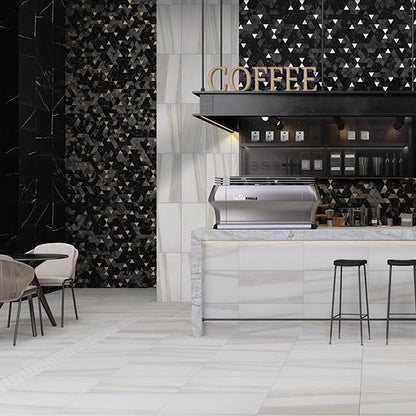 14x14 Pietra Divina Triangle Rhomboid Mosaic Natural-Look Polished Smooth Marble Tile Black Blend