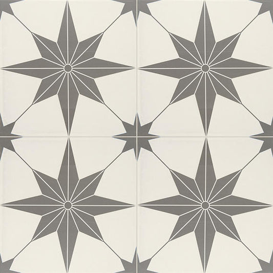 12x12 Memoir Star  Patterned Encaustic-Look Matte Smooth Ceramic Tile Jewel Black