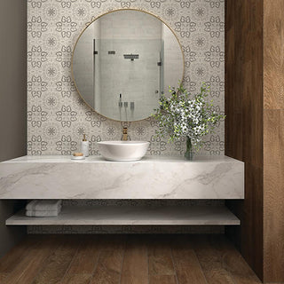 Crystal Gray - 12x12 Memoir Petal Floral Scroll Vine Patterned Encaustic-Look Matte Smooth Ceramic Tile