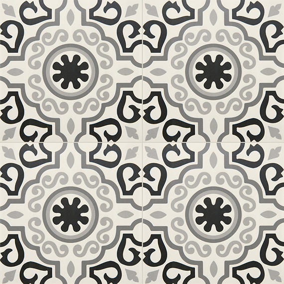 12x12 Memoir Petal Floral Scroll Vine  Patterned Encaustic-Look Matte Smooth Ceramic Tile Vintage Gray