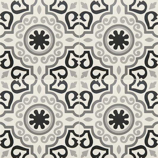 12x12 Memoir Petal Floral Scroll Vine  Patterned Encaustic-Look Matte Smooth Ceramic Tile Vintage Gray