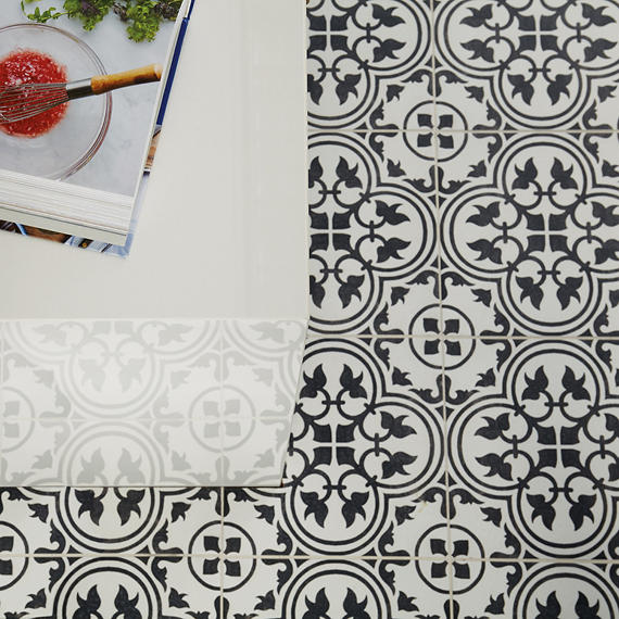 12x12 Memoir Petal Floral  Patterned Encaustic-Look Matte Smooth Ceramic Tile Petal Black