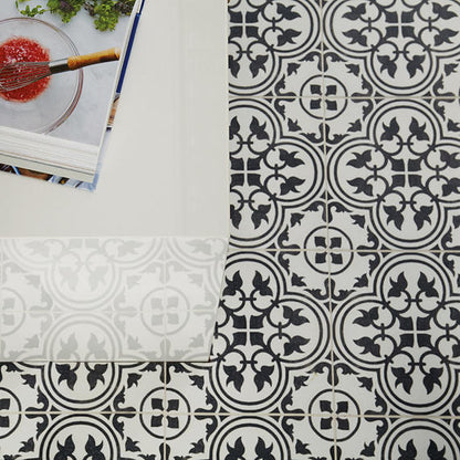 12x12 Memoir Petal Floral  Patterned Encaustic-Look Matte Smooth Ceramic Tile Petal Black