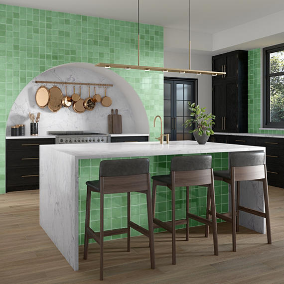 4x4 Contempee  Handcrafted Solid-Color Glossy Undulated Ceramic Tile Light Green