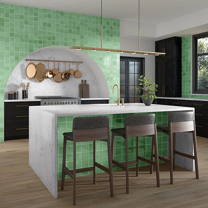 4x4 Contempee  Handcrafted Solid-Color Glossy Undulated Ceramic Tile Light Green