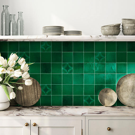 4x4 Contempee  Handcrafted Solid-Color Glossy Undulated Ceramic Tile Emerald Green