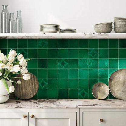 4x4 Contempee  Handcrafted Solid-Color Glossy Undulated Ceramic Tile Emerald Green