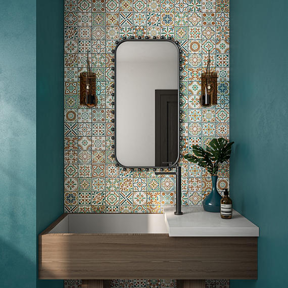 4x4 Cotto Revival Patchwork  Handcrafted Stone-Look Glossy Smooth Porcelain Tile Valencia Multi