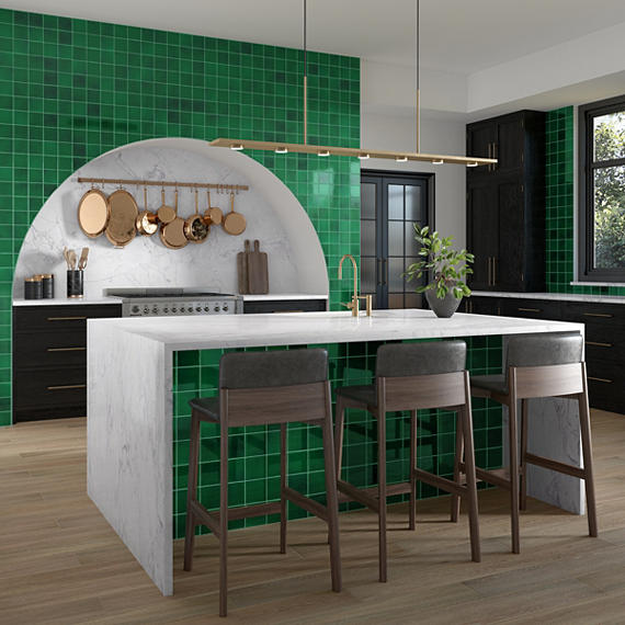 4x4 Contempee Star  Patterned Solid-Color Glossy Embossed Ceramic Tile Emerald Green