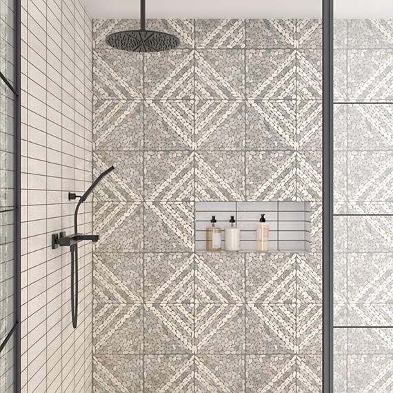 12x12 Pebble Oasis Linear  Mosaic Natural-Look Tumbled Natural Pebble Tile Coal Black