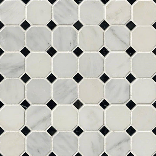 2x2 Greecian Octagon Mosaic Natural-Look Polished Textured Marble Tile Soft Gray
