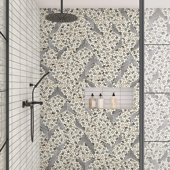 12x10 Pebble Oasis Hexagon Triangle  Mosaic Natural-Look Tumbled Natural Pebble Tile Pebble Gray