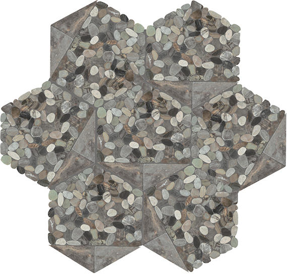 12x10 Pebble Oasis Hexagon Triangle  Mosaic Natural-Look Tumbled Natural Pebble Tile Coastal Gray