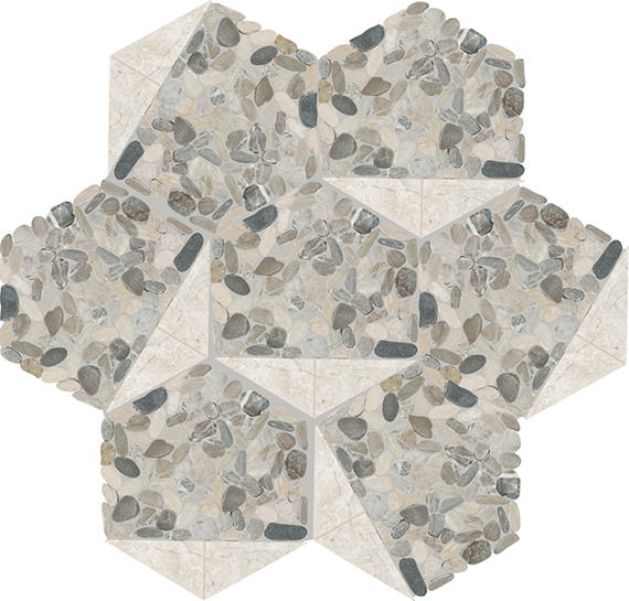 12x10 Pebble Oasis Hexagon Triangle  Mosaic Natural-Look Tumbled Natural Pebble Tile Coal Black