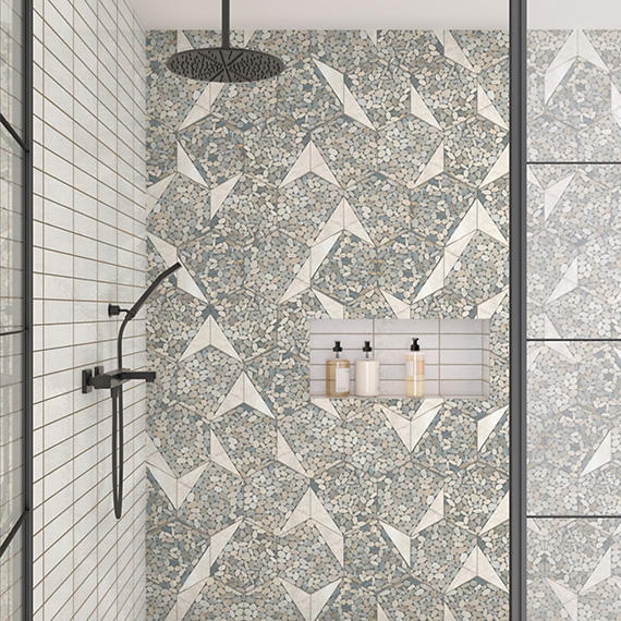 12x10 Pebble Oasis Hexagon Triangle  Mosaic Natural-Look Tumbled Natural Pebble Tile Coal Black