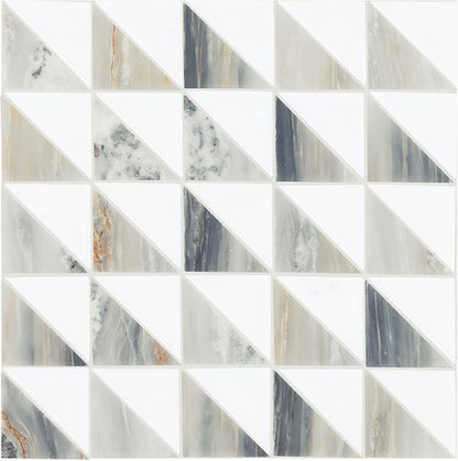 12x12 Gamma Triangle Intricate Geometry  Mosaic Marble-Look Honed Smooth Stone Tile White Gray