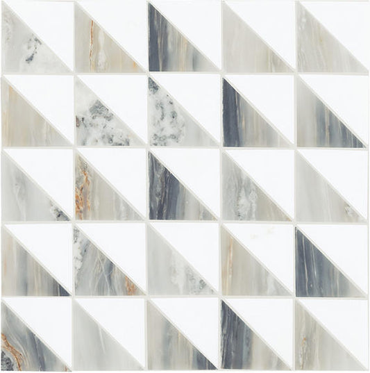 12x12 Gamma Triangle Intricate Geometry  Mosaic Marble-Look Honed Smooth Stone Tile White Gray