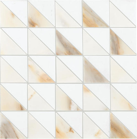 12x12 Gamma Triangle Intricate Geometry  Mosaic Marble-Look Honed Smooth Stone Tile Golden White