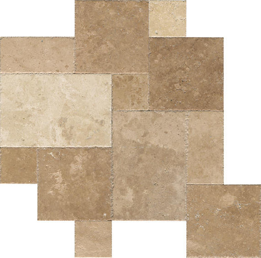 12x12 Travertine Square & Rectangle Random Pattern Patterned Travertine-Look Brushed Riven Travertine Tile