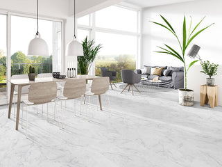White Gray - 12x24 Trecento Carrara Intense Veining Marble-Look Satin Smooth Vinyl Tile