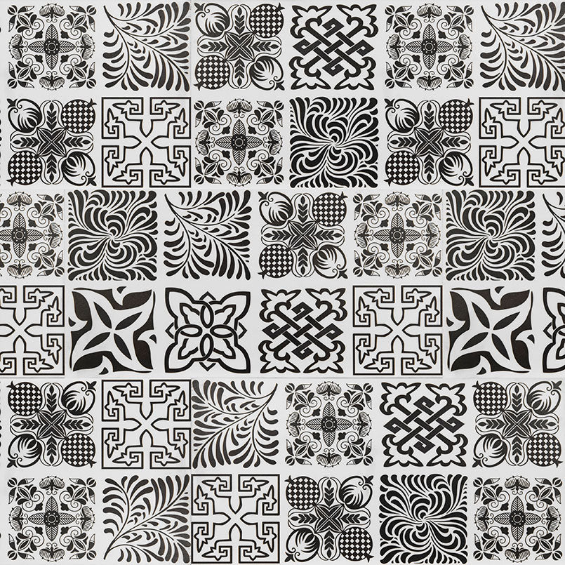 12x24 Trecento Patchwork Patterned Marble-Look Satin Textured Vinyl Tile Black White