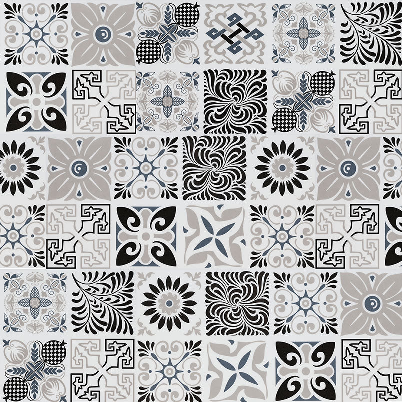 12x24 Trecento Patchwork Patterned Natural-Look Satin Smooth Vinyl Tile Ivory Gray