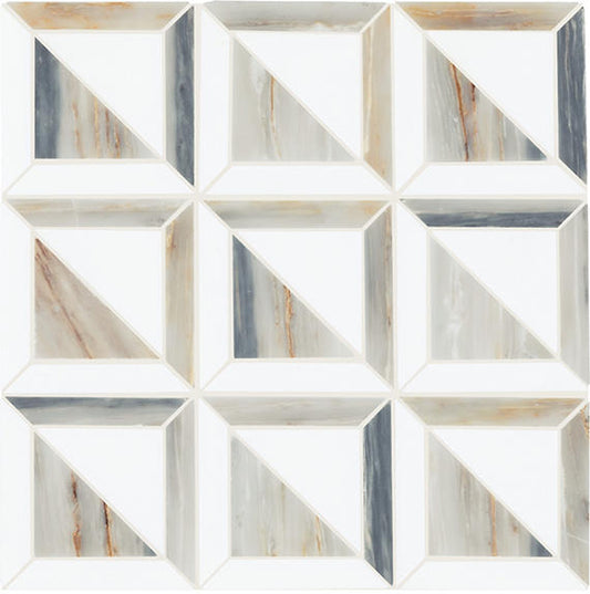 12x12 Gamma Framed Border  Mosaic Marble-Look Polished Smooth Stone Tile White Gray