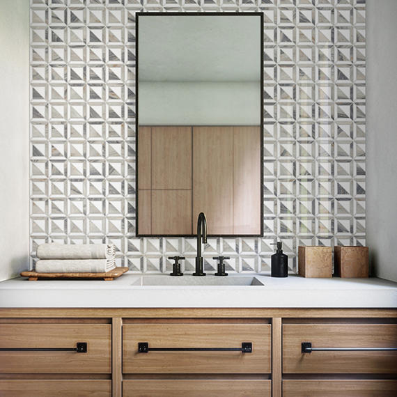 12x12 Gamma Framed Border  Mosaic Marble-Look Polished Smooth Stone Tile White Gray