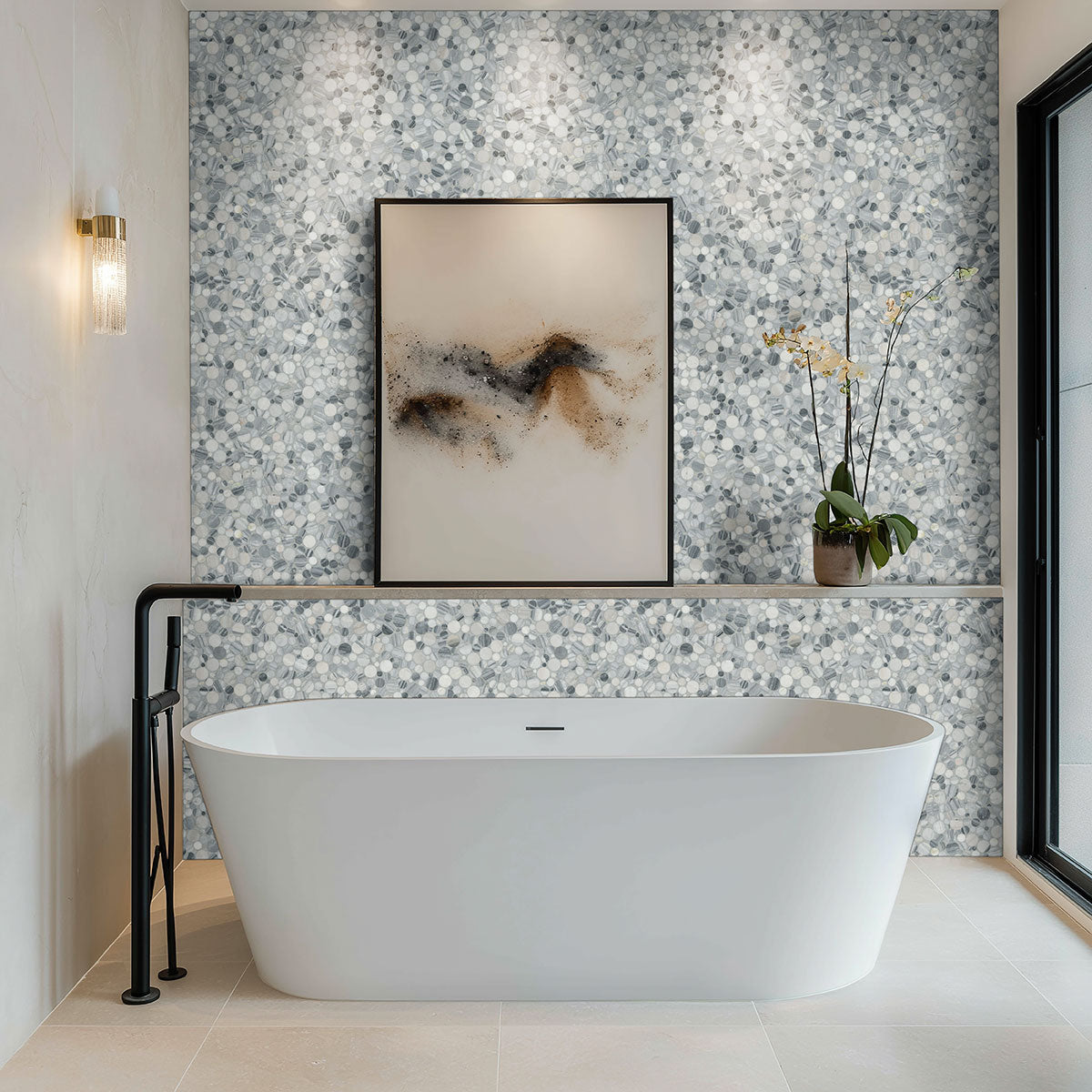 12x12 Rio Lago Penny Round Mosaic Natural-Look Polished Smooth Marble Tile