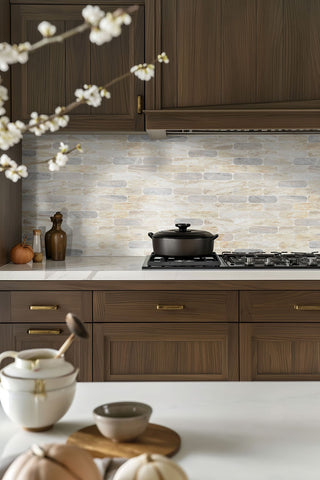 Cream Gray - 12x12 Angora Oval Mosaic Natural-Look Polished Smooth Marble Tile