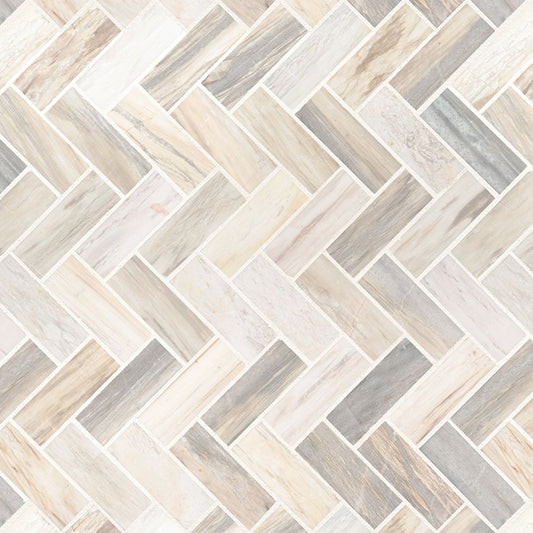 1x3 Angora Herringbone Mosaic Natural-Look Polished Smooth Marble Tile