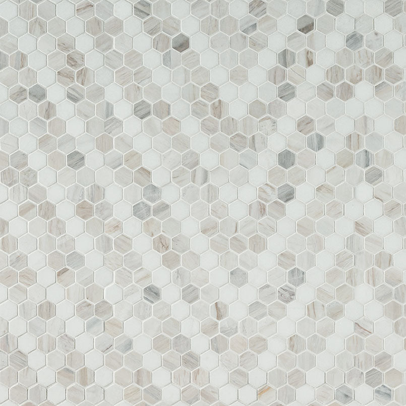 1" Angora Hexagon Mosaic Natural-Look Polished Smooth Marble Tile