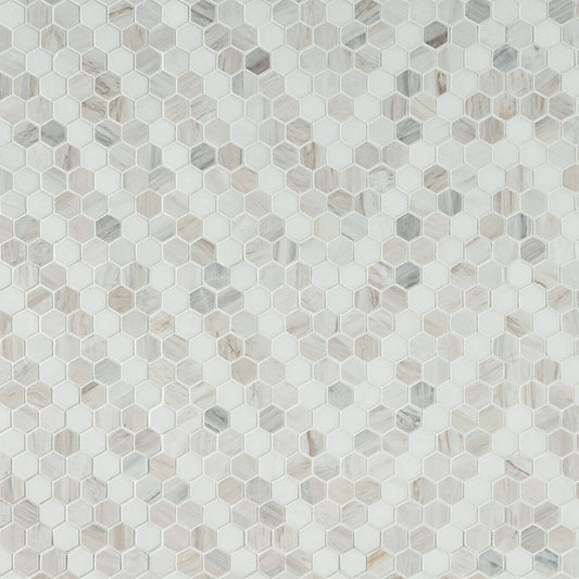 1" Angora Hexagon Mosaic Natural-Look Polished Smooth Marble Tile