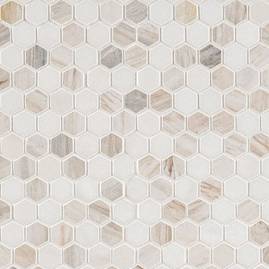 1" Angora Hexagon Mosaic Natural-Look Polished Smooth Marble Tile