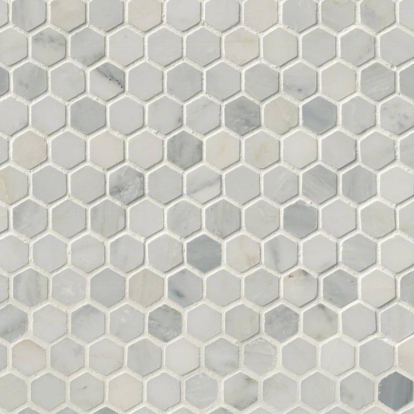 1" Arabescato Hexagon Mosaic Natural-Look Honed Smooth Marble Tile