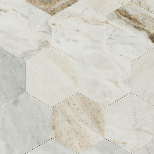 4x4 Arabescato Hexagon Mosaic Natural-Look Honed Smooth Marble Tile