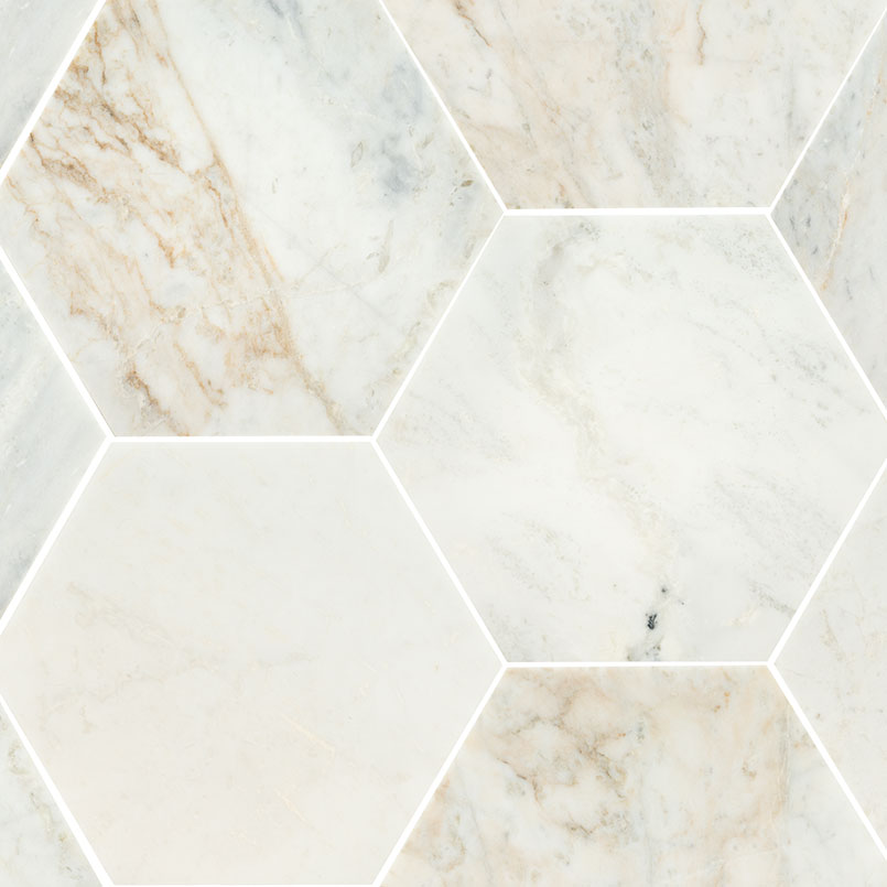 8" Arabescato Hexagon Mosaic Natural-Look Honed Smooth Marble Tile