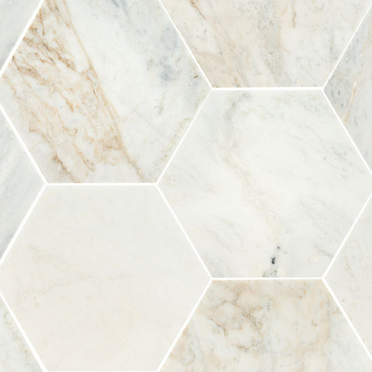 8" Arabescato Hexagon Mosaic Natural-Look Honed Smooth Marble Tile