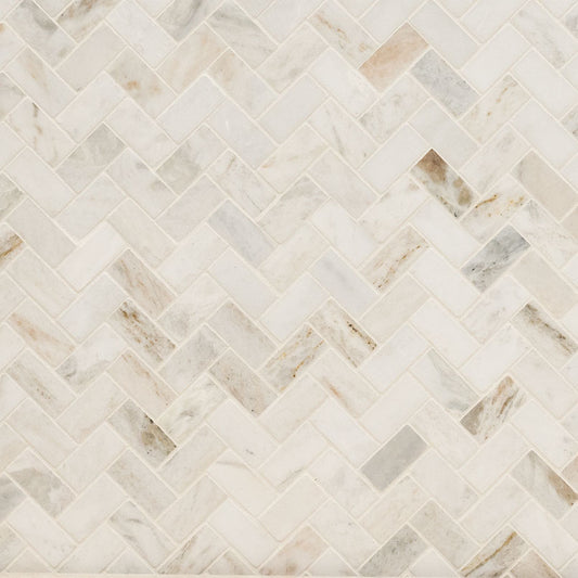 1x2 Arabescato Herringbone Mosaic Natural-Look Honed Smooth Marble Tile