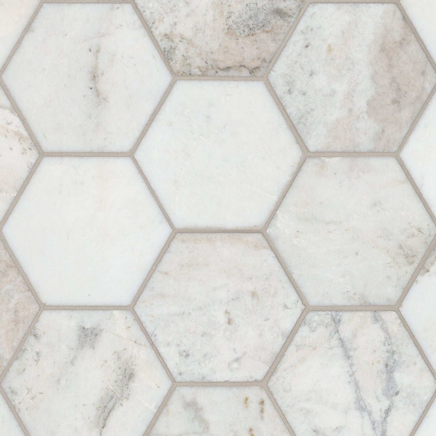 5" Arabescato Hexagon Mosaic Natural-Look Honed Smooth Marble Tile