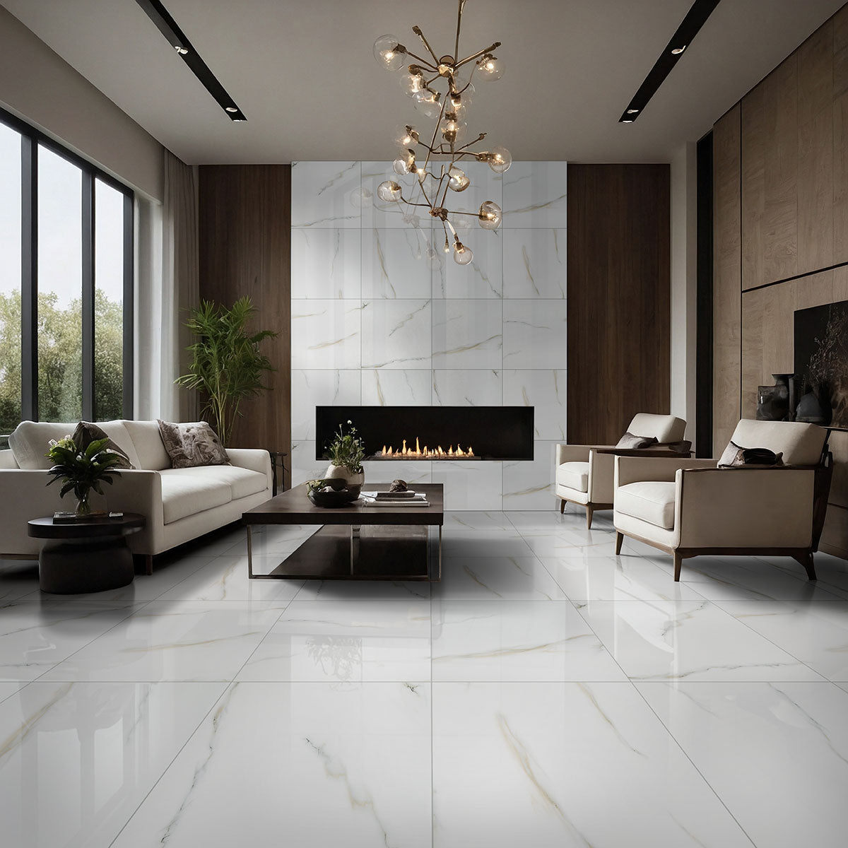 12x24 Aria Bianco Marble-Look Polished Smooth Porcelain Tile