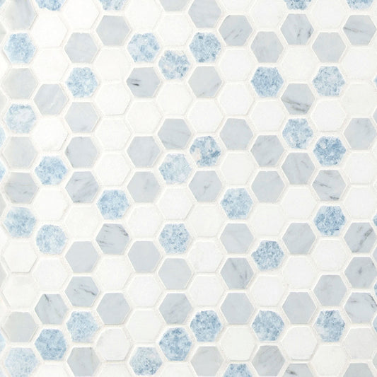 1" Azula Hexagon Random Pattern Mosaic Natural-Look Polished Smooth Marble Tile