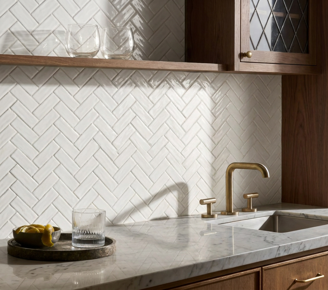 12x14 Artezen Herringbone Mosaic Solid-Color Glossy Undulated Ceramic Tile