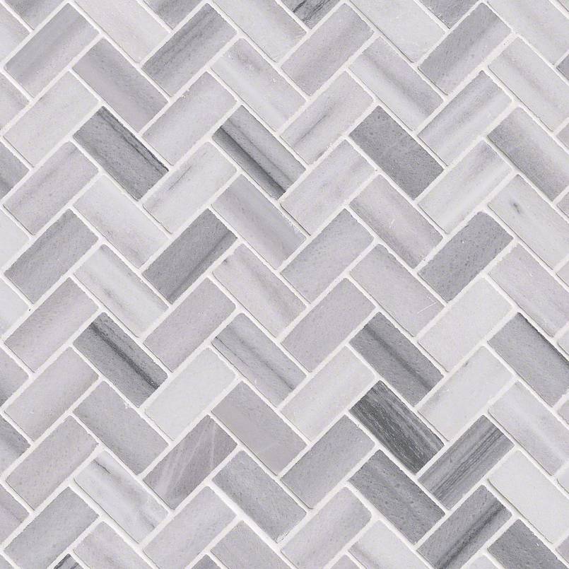 1x2 Bergamo Herringbone Mosaic Natural-Look Polished Smooth Marble Tile