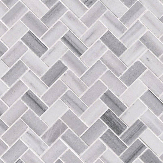 1x2 Bergamo Herringbone Mosaic Natural-Look Polished Smooth Marble Tile