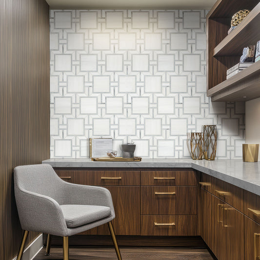 12x12 Bianco Framed Square Mosaic Natural-Look Polished Smooth Marble Tile